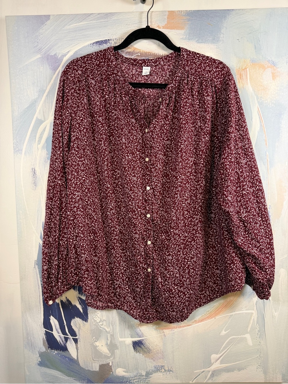 Old Navy Oversized Blouse M Burgundy Red Ditsy Floral Button Front Long Sleeve
